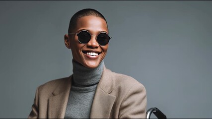A stylish young man sitting in a wheelchair, confidently posing in a blazer and sunglasses. His poised expression celebrates inclusion, empowerment, and living life fully with a disability.