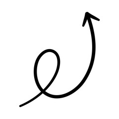 Hand-drawn swirling arrow with a creative loop. Black sketch doodle style graphic design element for pointing and direction