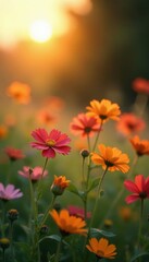 Fototapeta premium Soft focus wildflowers bathed in warm sunset light, gentle breeze , landscape, nature, grass