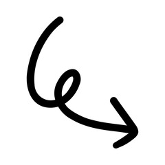 Hand-drawn spiral arrow pointing down and to the right. Black doodle sketch symbol for direction and navigation isolated on a white background