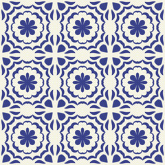 Seamless mediterranean blue pattern, geometric, floral motif, loopable elements, retro design for background, fabric, textile, tile, wallpaper