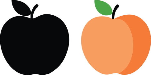Dual fruit icon set: colored peach and solid black apple, flat vector duo.