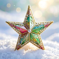 A colorful, multi-faceted star ornament, detailed with musical notes and sparkling gems, rests delicately on a bed of glistening snow, bathed in soft sunlight.