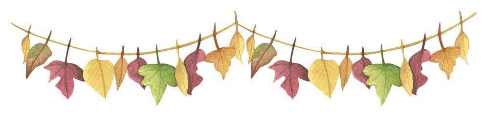 Watercolor Autumn Leaf Garland. Thanksgiving Decoration, Fall Bunting, Cozy Harvest Ornament. Vintage Leaf String Decor.