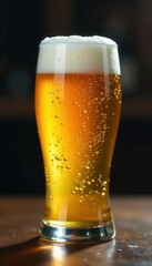 Golden lager in a frosted glass, condensation , close-up, foam, light