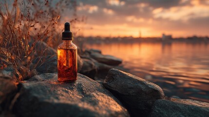 Amber bottle on rocks at sunset over water