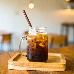 An ice-cold glass of iced coffee with a straw, presented on a wooden board with a shallow depth of field