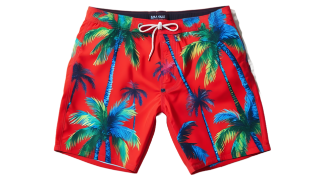 Bright red men’s swim shorts with palm tree prints, isolated on a transparent background. Summer beachwear clothing.