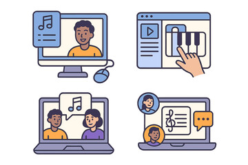 Online music education icon set. Virtual class for interactive learning and collaboration. E-learning platform for music lessons, piano keyboard tutorial, student and teacher.
