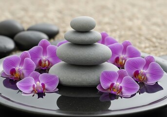 Fototapeta premium Gray stones, pink orchids, zen