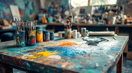 high-resolution art studio surface of mixed media table with scissors and glue, spotlight on work area, energetic mood, vivid saturation