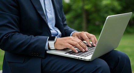 Businessman working on a laptop outdoors in a business suit