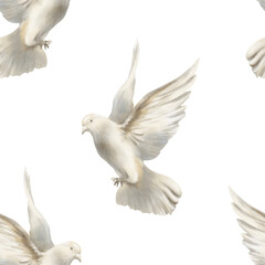 Seamless pattern of white pigeon soaring in air, dove spread its wings as a symbol of freedom and peace concept.Hand drawn watercolor illustration on white for spiritual wedding,nature-themed designs