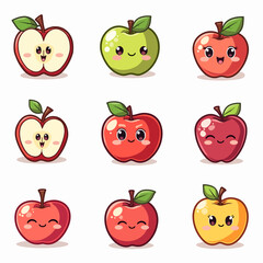 A set of colorful kawaii apples with emotions.
