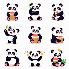 Set 9 Kawaii icon Vector illustration of a Panda with balloons in Kawaii style colors on white background
