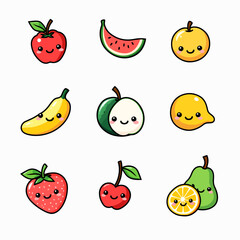 A set of colorful kawaii frutis with emotions.
