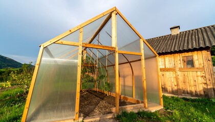 Wooden greenhouse in a garden setting