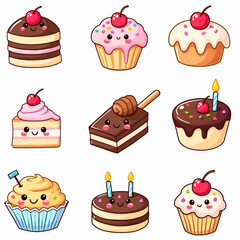 Cakes kawaii illustrations, desserts in a comic, cartoon style, simple vector drawings