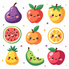 Fototapeta premium Funny cartoon fruits are a cute and fun vector set of food characters illustration