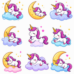 A set of children's illustrations, stickers with unicorns in the style of doodle, cartoon. Isolated on a white background. Cute hearts,ice cream,rainbow,frame. Horses