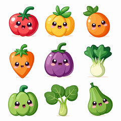 Funny cartoon fruits and vegetables are a cute and fun vector set of food characters illustration