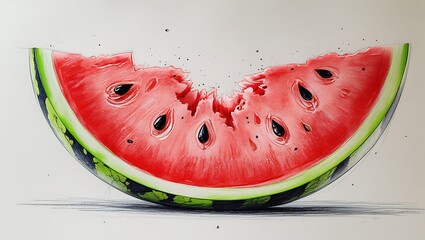 Detailed rough color pencil sketch of a juicy watermelon slice with seeds