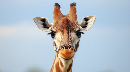 Close-up Portrait of a Giraffe against a Soft Blue Sky