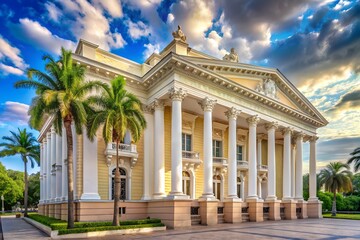 Fototapeta premium Classical architecture building facade with columns, palm trees, and blue sky, a landmark in the city for travel, tourism, and cultural exploration