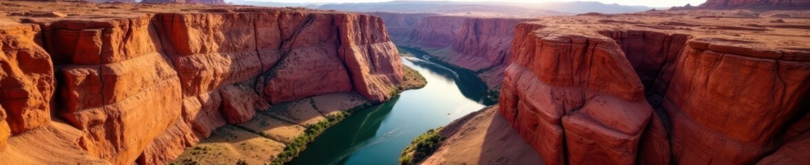 Colorado River carving through red rock canyons, aerial view, Rugged, Vista, Nature