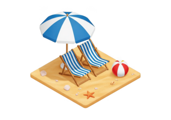Charming isometric beach scene with striped chairs umbrella and beach ball transparent background