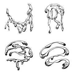 Topping trickle of glossy melted chocolate syrup, thick dripping swirl flow marks. Vector graphic illustration hand drawn in ink, line sketch. Dessert menu illustration, bakery signage, artisan label