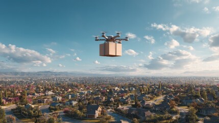 Delivery Drone Over Suburban Neighborhood Delivering Package