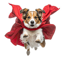 Dog with a red cape on his back like Superman jumping up in the air isolated on white background.PNG format.