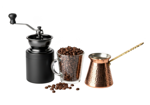 Vintage coffee grinder turkish cezve and freshly roasted coffee beans in a glass mug transparent background
