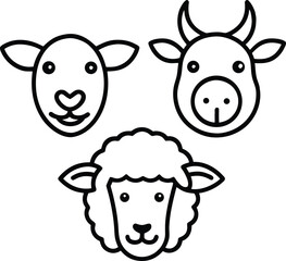 Set of farm animal face icons (cow, pig, sheep, goat), simple monoline vector pack.