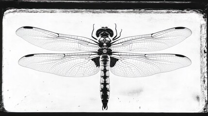 Monochrome Dragonfly: A detailed vintage image of a dragonfly with intricate wing patterns and a