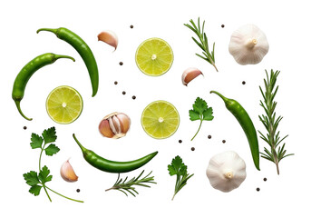 Vibrant fresh ingredients arranged for culinary inspiration spicy peppers citrus and aromatic herbs transparent background