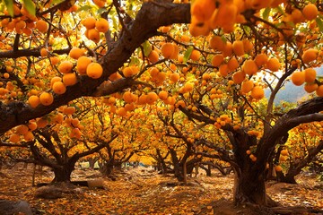 Golden Apricot Orchard: A captivating display of a sun-drenched apricot orchard, laden with ripe, golden fruit, its branches intertwined in a tapestry of natural beauty.