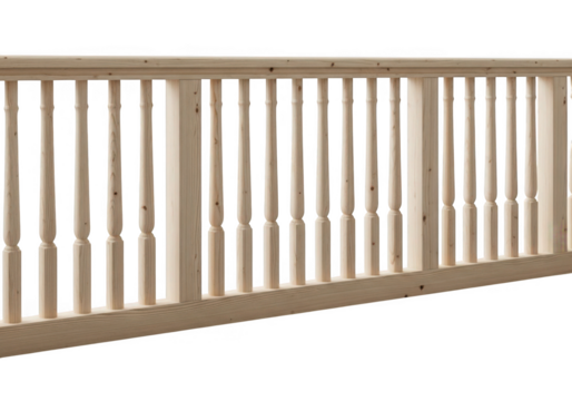 Detailed view of a white wooden staircase balustrade with painted spindles transparent background