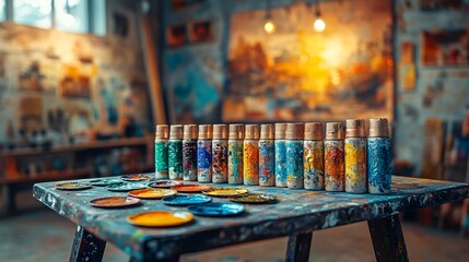 high-resolution art studio surface of studio bench with paint tubes and palettes, soft ambient light, inspiring setup, vivid saturation