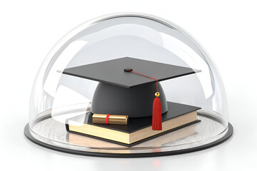 3D Graduation Cap Inside Protective Bubble – Education Safety Concept