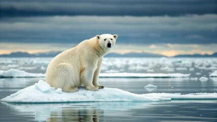 Polar bear on melting ice sheet highlights climate change impact with cold ocean water and cloudy sky background awareness