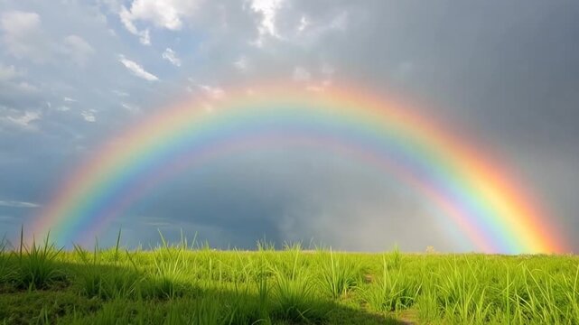 Vibrant rainbow shining over lush green field after a gentle rainstorm brings renewed hope and inspiration in a peaceful rural landscape