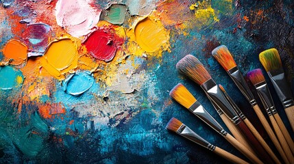 Fototapeta premium high-resolution art studio surface of flat lay of art supplies in bright colors, soft ambient light, energetic mood, vivid saturation