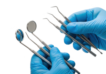 Gloves holding dental tools mirror explorer scaler for oral hygiene and checkup transparent background