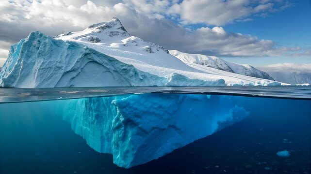 Melting ice sheet climate change reveals underwater iceberg with snow mountain and cloudy sky floating in cold ocean water
