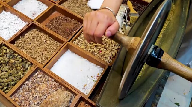 Scene of Traditional Chinese Medicine, Mortar and Pestle, practitioner grinding milling medicinal materials treatment ingredients aromatherapy herbs in stone boat tool