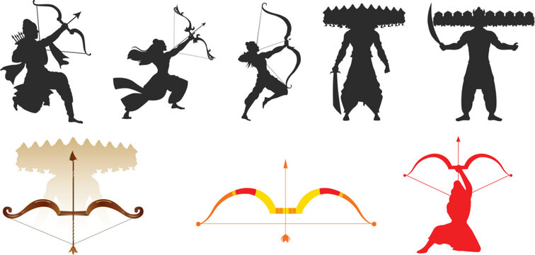 Dussehra elements ram with bow or ravan with sword black Silhouette clip art Illustration elements 