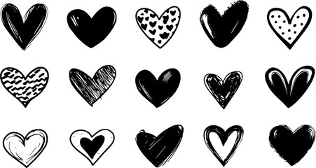 Handdrawn heart set in black sketch style. Simple bold elements in a vector illustration collection.