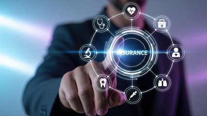Hand points to glowing insurance sign with digital icons of neon healthcare design, symbolizing financial security and online insurance